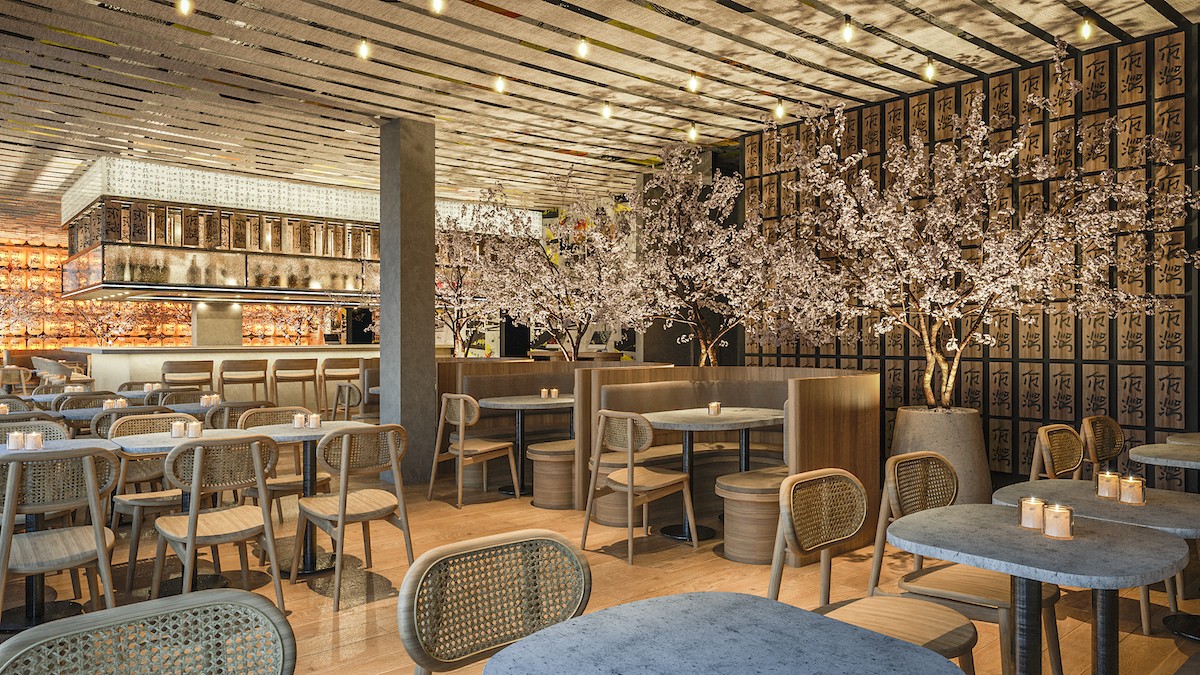 Cherry blossom trees meet contemporary design at Paperfish Sushi's new digs in Miami Beach.