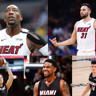 Clockwise from top left: Bam Adebayo, Max Strus, Tyler Herro, Udonis Haslem, and Duncan Robinson
