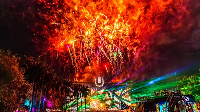 Fireworks shooting over the main stage at Ultra Music Festival in Miami