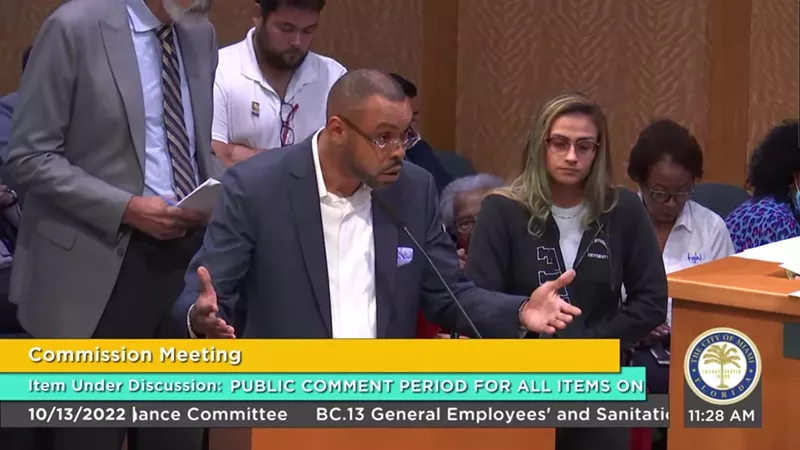 Image: N. Patrick Range, chair of the Virginia Key Beach Park Trust, defends his stewardship of the historic Black beach at an October 13, 2022, Miami city commission meeting.