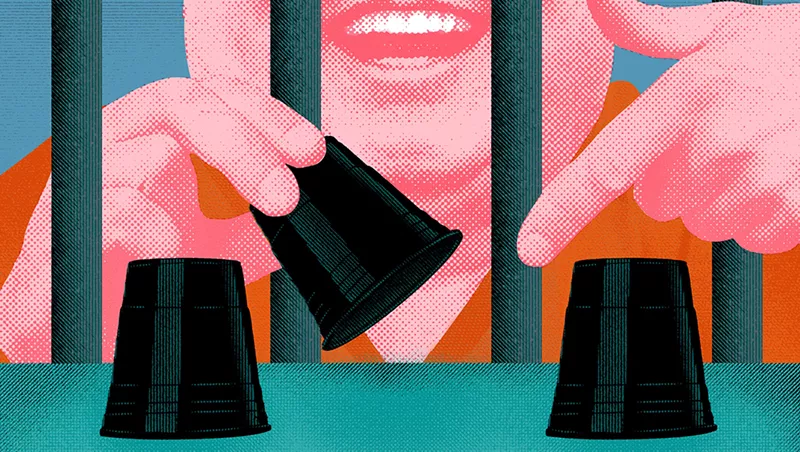 Image: Photo-illustration of James "Jimmy" Sabatino playing a shell game with three black cups from behind prison bars.
