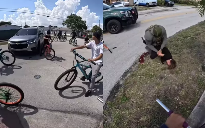 Image: Screenshots of teenagers on bicycles were gathered at an intersection in Deerfield Beach, and a boy on a bike being tackled by a BSO police officer.