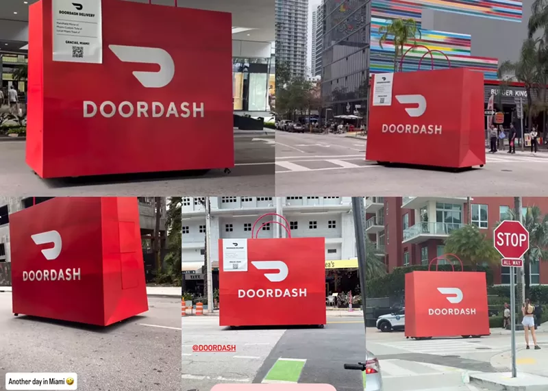 Image: A giant DoorDash bag rolled through Brickell in Miami with a police escort and went viral, sparking Miami memes as part of DoorDash's new marketing.