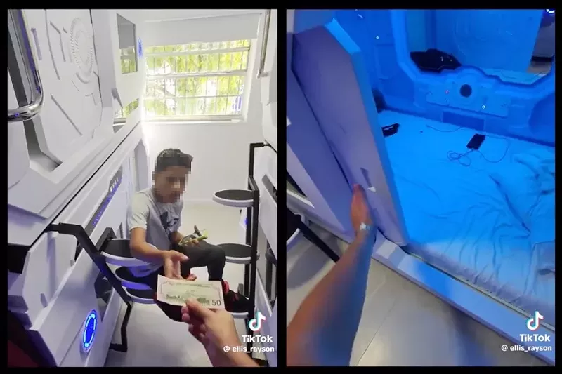 Image: Ellis Rayson hands over cash for a night's lodging in a sleep pod at the Capsule Hotel.