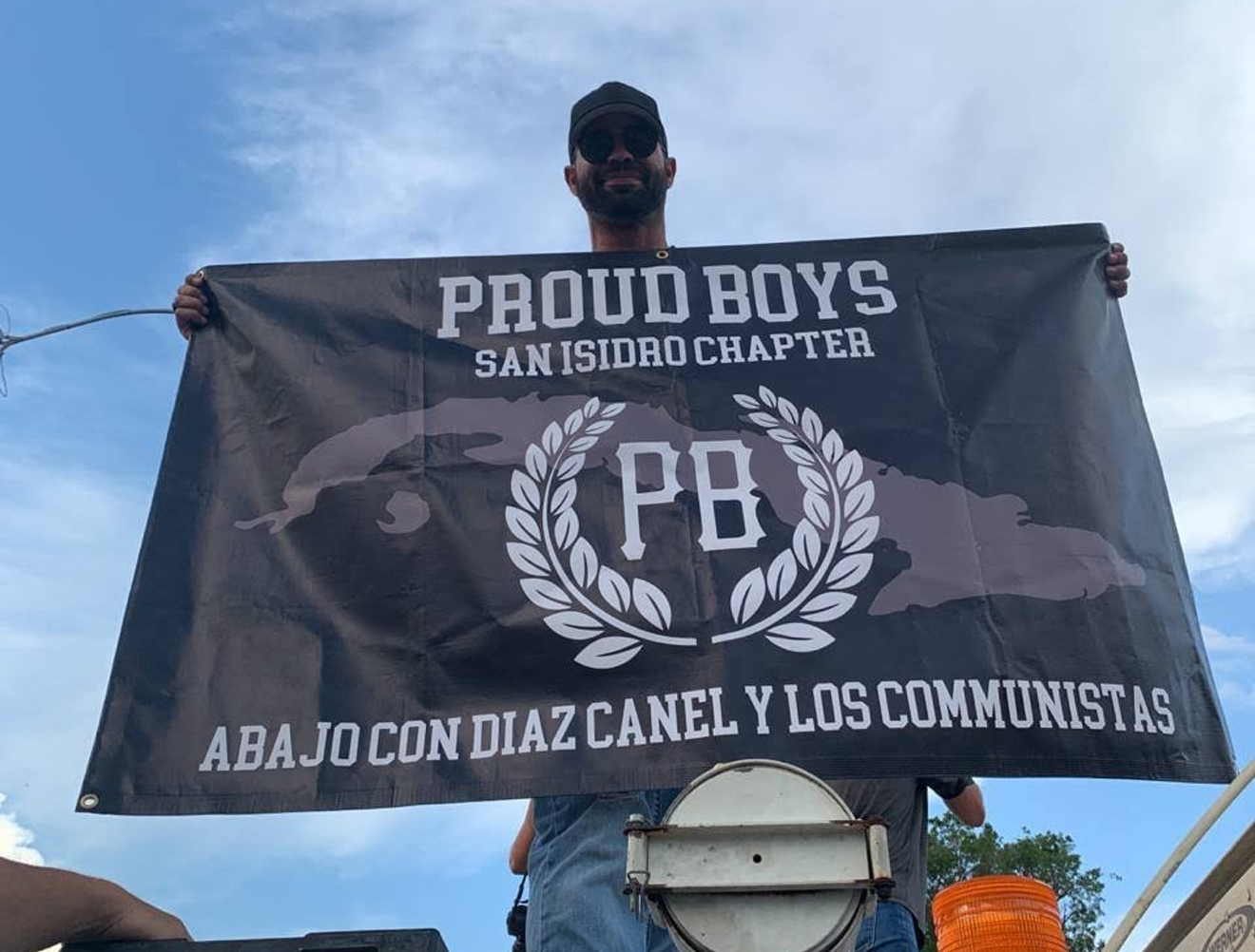 Proud Boys chairman Enrique Tarrio at a demonstration in Miami on Sunday, July 11, in support of anti-government protesters in Cuba.