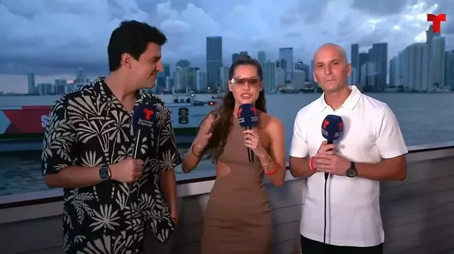 Telemundo reporters live on air from a chartered party boat in Biscayne Bay.