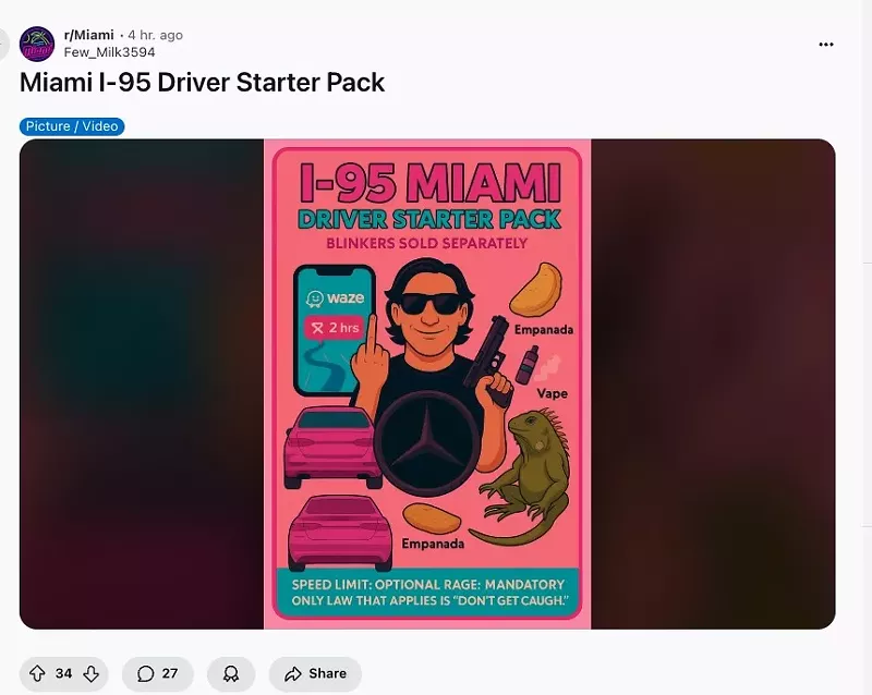 Image: Screenshot from Reddit of graphic of "I-95 Miami Driver Starter Pack"