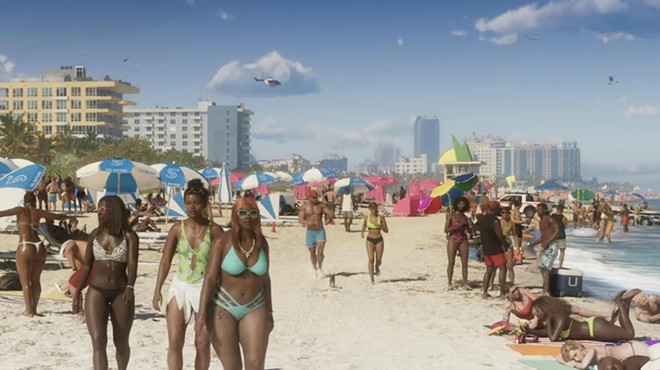 Screenshot of the trailer for Grand Theft Auto 6, showing a crowd of buff, swimsuit-clad people enjoying the sunny shores of Miami's South Beach.