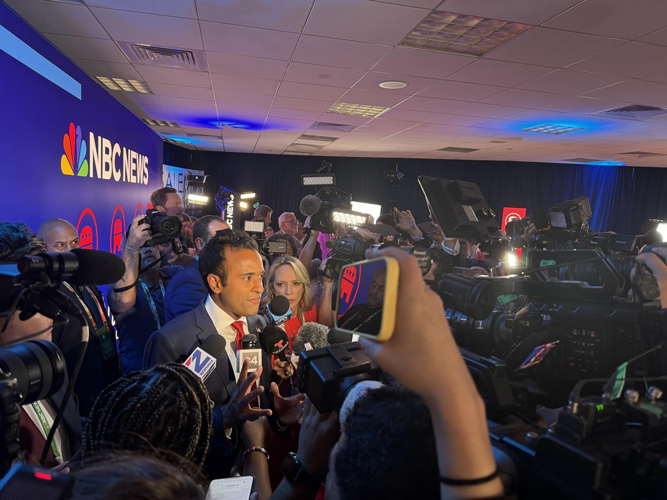 Presidential candidate Vivek Ramaswamy is swarmed by reporters inside the spin room at the third GOP primary debate.