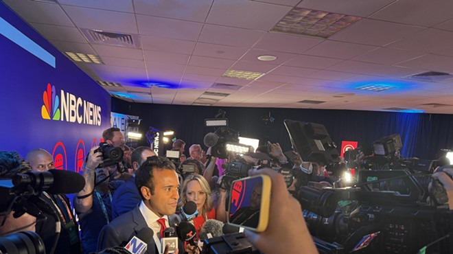 Vivek Ramaswamy speaks with reporters at the Miami debate