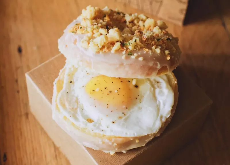 Image: Salty Donut's jalapeño corn cheddar streusel donut sandwich.