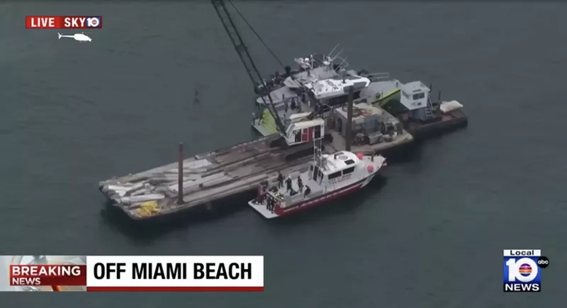 Image: Aerial shot of the scene where two girls were killed after a barge collided with a small sailboat in Biscayne Bay on July 28, 2025.