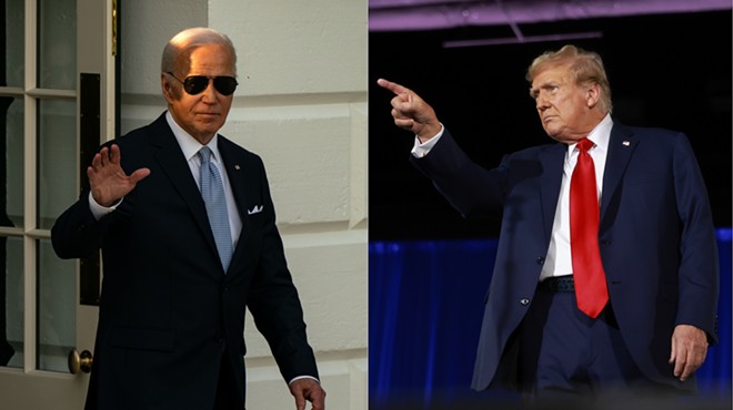 photo of Joe Biden wearing his trademark Ray-Bans alongside photo of Donald Trump pointing with his index finger