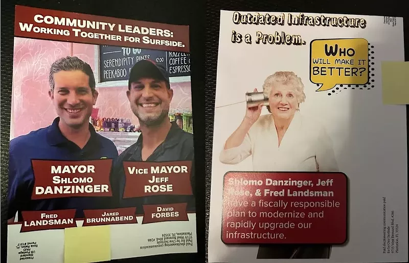 Image: Political mailers with smiling Surfside Mayor Shlomo Danzinger and Vice Mayor Jeff Rose