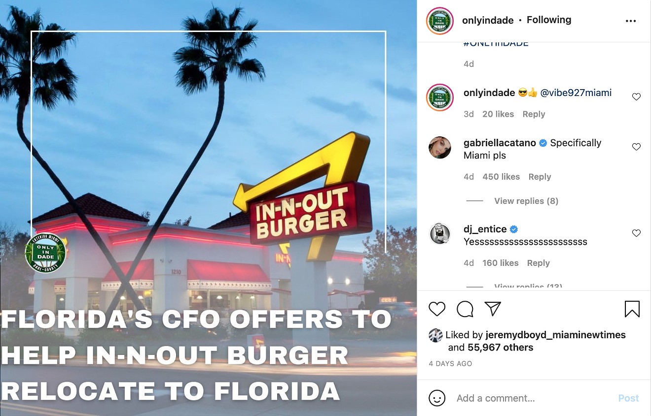 After the State of Florida's CFO issued an online invite to In-N-Out Burger, @OnlyInDade broke out the Insta-megaphone for its nearly 700K followers.