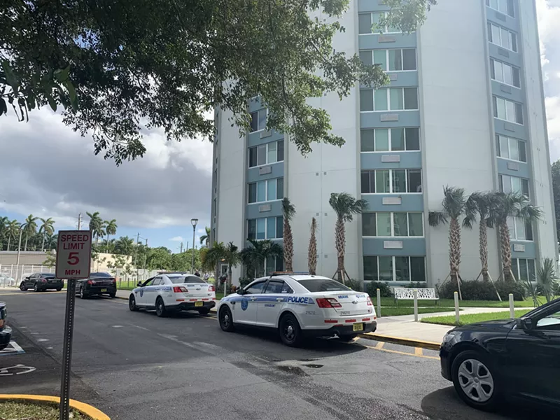 Image: At least seven police officers responded to a call about the alleged assault of an elderly resident of Three Round Towers in Allapattah.