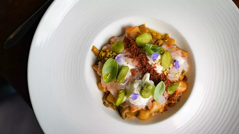 Image: Doma's seafood gnocchi with prawns, porcini mushrooms, stracciatella cheese, and pistachio crumble
