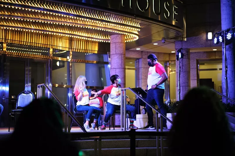 Image: The fast-paced improv show, “Zoetic Schmoetic,” takes place at the Arsht Center's outdoor Thomson Plaza.